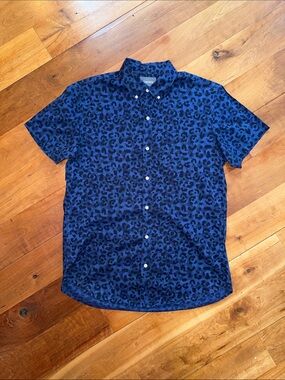 Bonobos Riviera Short Sleeve Shirt – Long L, Slim Fit – Blue Leopard Print